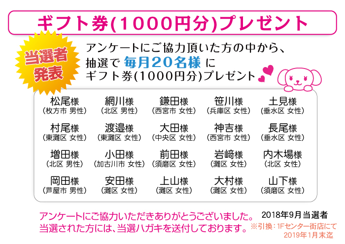 千円ギフト券当選発表 18年9月アンケートハガキ回収分より さんプラザコンタクトレンズ